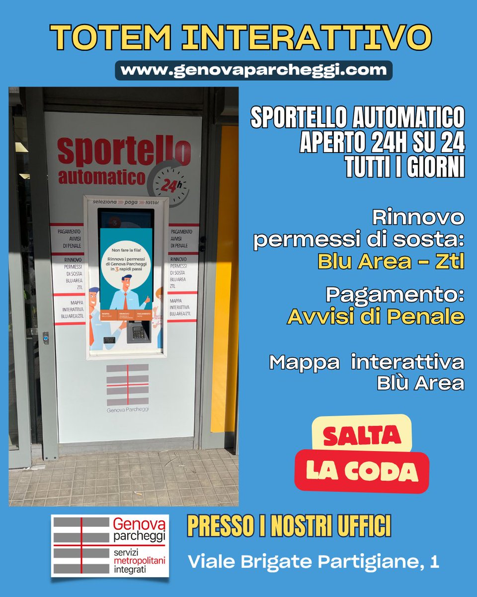 GenovaParcheggi's tweet photo. Sportello automatico H24
📷aperto 24H su 24 TUTTI I GIORNI

per tutte le informazioni e le istruzioni d'uso consulta i tutorial:
https://t.co/TnVxYgfqLm
https://t.co/02jbsbvApO

#genovaparcheggi https://t.co/bp3GUaRVER