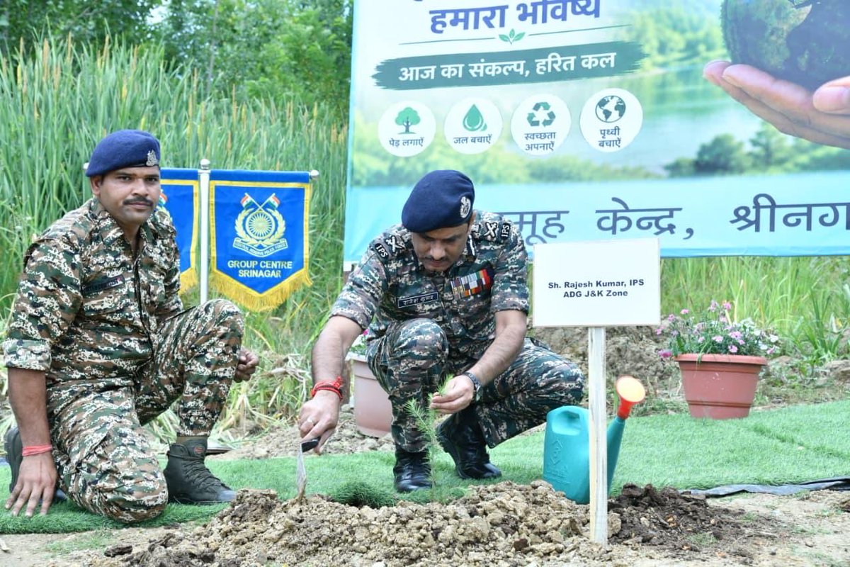 GcSrinagar's tweet photo. GC CRPF SNR #WorldEnvironmentDay2026 with plantation of 300 saplings, including a special drive at Kasir Montessori School under RCWA. Shri Rajesh Kumar, IPS,ADG,JK Zone a/w Officers Jawans planted sapling at GC premises for a greener and sustainable future. 🌱 #CRPF #GoGreen https://t.co/E2xjVPDlT2