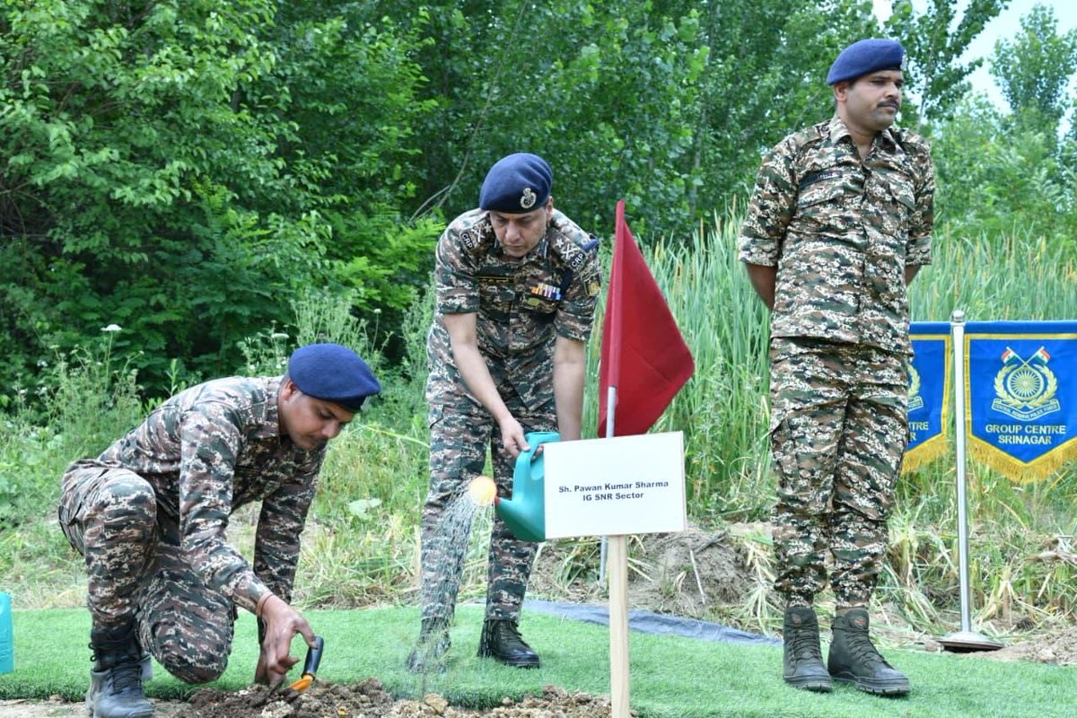 GcSrinagar's tweet photo. GC CRPF SNR #WorldEnvironmentDay2026 with plantation of 300 saplings, including a special drive at Kasir Montessori School under RCWA. Shri Rajesh Kumar, IPS,ADG,JK Zone a/w Officers Jawans planted sapling at GC premises for a greener and sustainable future. 🌱 #CRPF #GoGreen https://t.co/E2xjVPDlT2