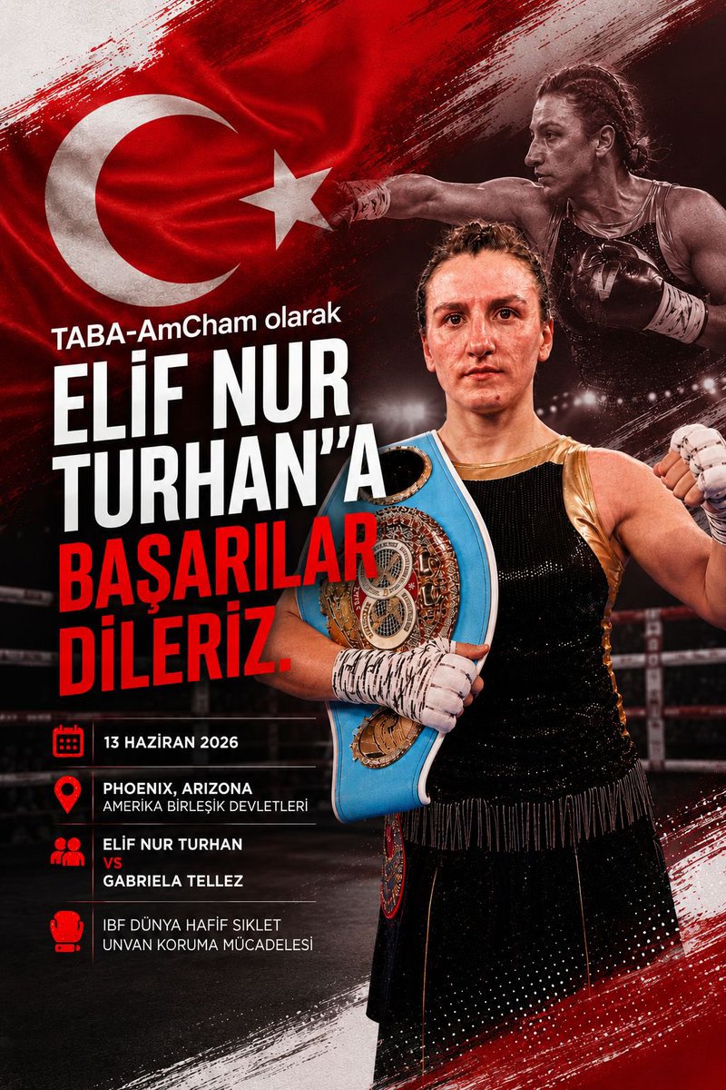 amchamtr's tweet photo. TABA-AmCham olarak, Türk sporunun uluslararası arenadaki önemli temsilcilerinden ve Cumhuriyet tarihimizin profesyonel boksta yetiştirdiği ilk dünya şampiyonu Sn. Elif Nur Turhan’a, 13 Haziran 2026 tarihinde Amerika Birleşik Devletleri’nin Arizona eyaletine bağlı Phoenix kentinde gerçekleştirilecek IBF Dünya Hafif Sıklet Şampiyonluğu unvan koruma mücadelesi öncesinde başarı dileklerimizi iletiyoruz.
13 galibiyet, 8 nakavt ve yenilgisiz kariyeriyle dikkat çeken Sn. Elif Nur Turhan; WBA Dünya Şampiyonluğu ve IBF Dünya Şampiyonluğu başta olmak üzere elde ettiği tarihi başarılarla ülkemize büyük gurur yaşatmış, profesyonel bokstaki üstün performansıyla Türk spor tarihine adını altın harflerle yazdırmıştır.
Phoenix’te ABD’li rakibi Sn. Gabriela Tellez karşısında gerçekleştireceği bu önemli unvan koruma mücadelesinde Sn. Elif Nur Turhan’ın, azmi, disiplini ve şampiyonluk tecrübesiyle bir kez daha ülkemizi en güçlü şekilde temsil edeceğine ve unvanını başarıyla koruyacağına yürekten inanıyoruz.
Türk bayrağını dünya ringlerinde gururla dalgalandıran dünya şampiyonumuz Sn. Elif Nur Turhan’a çıktığı bu kritik mücadelede üstün başarılar diliyoruz.

#ElifNurTurhan #TABAAmCham #Türkiye #WorldChampion #Boxing
