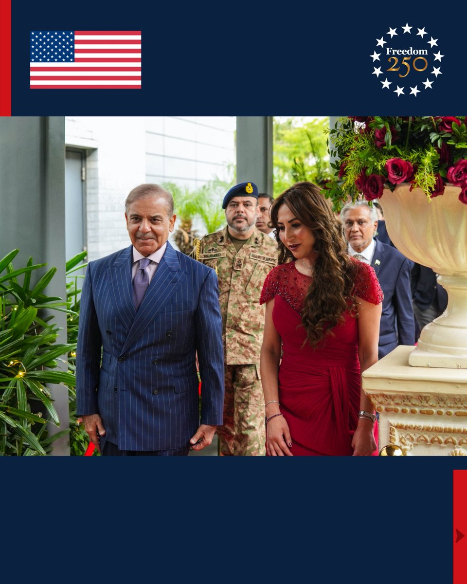usembislamabad's tweet photo. Chargé d’Affaires Natalie Baker welcomed Prime Minister Shehbaz Sharif and other honorable guests to kick-start the celebrations marking 250 years of American independence: a legacy of freedom, excellence, and innovation. As we celebrate America’s 250th, we also celebrate a U.S.-Pakistan partnership grounded in trust, built on results, and full of promise. More celebrations await in the days to come! #Freedom250 #USAinPakistan

ناظم الامور نیٹلی بیکر نے وزیرِ اعظم شہباز شریف اور دیگر معزز مہمانوں کا خیر مقدم کیا تاکہ امریکی آزادی کے 250 سال مکمل ہونے کی تقریبات کا آغاز کیا جا سکے۔ یہ آزادی، کامیابی اور نئی سوچ کی ایک شاندار روایت ہے۔ جب ہم امریکہ کے 250 سال منا رہے ہیں، تو ہم امریکہ اور پاکستان کی ایسی شراکت داری بھی منا رہے ہیں جو اعتماد پر قائم ہے، اچھے نتائج دے رہی ہے، اور روشن مستقبل رکھتی ہے۔  آنے والے دنوں میں مزید تقریبات بھی ہوں گی!