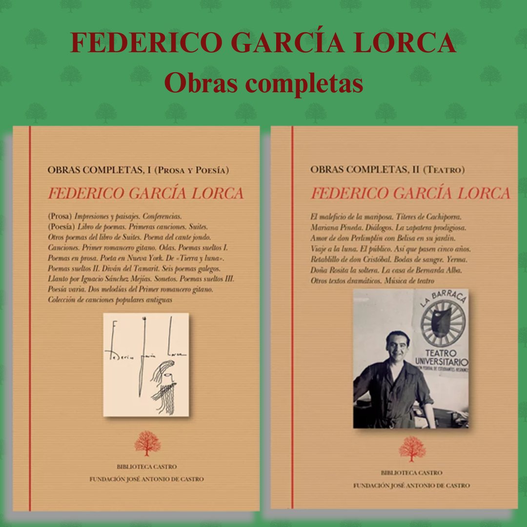 Fund_Castro's tweet photo. #TalDíaComoHoy en 1898 nació en la localidad granadina de Fuente Vaqueros 𝐅𝐞𝐝𝐞𝐫𝐢𝐜𝐨 𝐆𝐚𝐫𝐜í𝐚 𝐋𝐨𝐫𝐜𝐚, uno de los escritores más universales de nuestras letras y figura clave de la Generación del 27.

En estas Obras completas, editadas por Andrés Soria Olmedo, lo descubrimos desde sus primeros escritos de "Impresiones y paisajes" a sus Conferencias o su maestría como poeta y genial dramaturgo.

Leamos siempre a #federicogarcialorca
