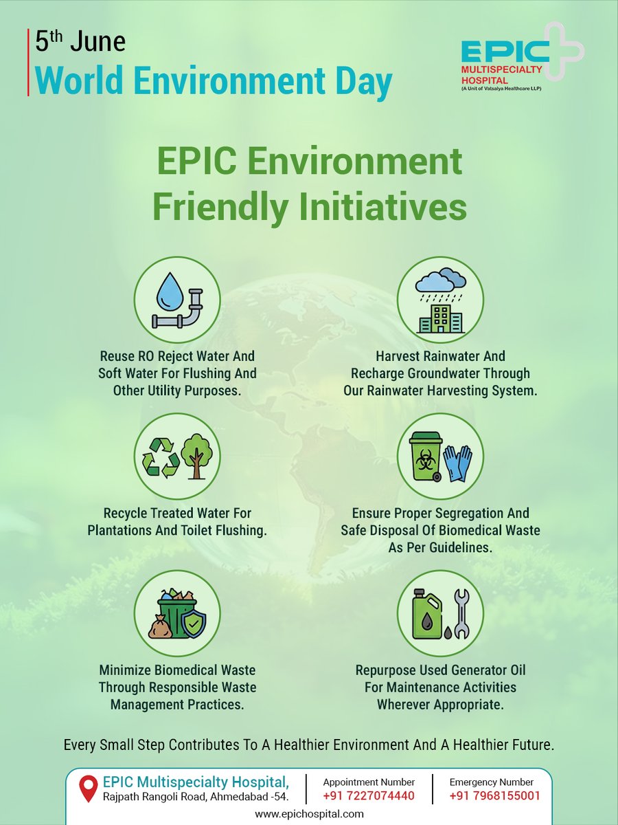 epichospital's tweet photo. 5th June – World Environment Day

At EPIC, we support a greener future through water conservation, rainwater harvesting, recycling, and responsible waste management.

🌐 https://t.co/PjOM6v3O1U | 📞 7227074440 https://t.co/6casz6XGeV