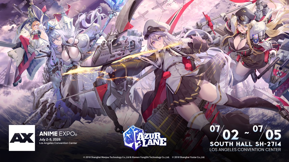 AzurLane_EN's tweet photo. Dear Commander,

Azur Lane will be attending [Anime Expo 2026] from July 2nd to July 5th!

Shipgirls are ready to make an appearance at Booth SH-2714~ Stay tuned for more @AnimeExpo info, Commander!

#AzurLane #Yostar #AX2026 https://t.co/Z4zOJSvNh2