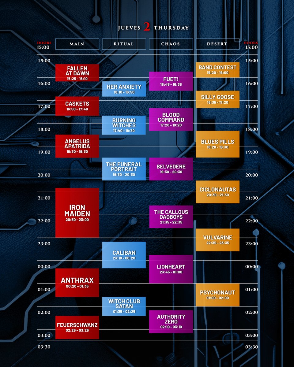 ResurrectionESP's tweet photo. RUNNING ORDER / HORARIOS RESURRECTION FEST EG 2026 🔥

Ya podéis conocer a qué hora arrancarán los conciertos de vuestros artistas favoritos y planificar los que serán, sin duda alguna, los días más esperados del año para muchxs 🤩

Falta muy poco para vernos en Viveiro del 1 al 4 de julio 🔥

Y si aún no tienes tu entrada o abono... ¡Estamos en la recta final! 🏃🏽‍♂️
🎫 https://t.co/xc6SGtqj9w

#ResurrectionFest #APlaceCalledHome @turgalicia @camino_xacobeo @depulugo #ConcellodeViveiro #DescubreViveiro @estrellagalicia #ConcertosDoXacobeo