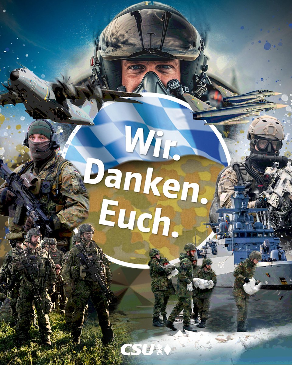 CSU's tweet photo. Die Verteidigung von Freiheit und Demokratie sind nur mit einer starken Bundeswehr möglich. Für uns gilt daher nicht nur am heutigen Tag der Bundeswehr, sondern jederzeit: Wir stärken unsere Truppe. Das heißt: mehr Soldaten, mehr Waffen, beste Ausrüstung und eine stärkere Verankerung der Bundeswehr in der Gesellschaft. Wir unterstützen diejenigen, die unser Land und unsere Werte verteidigen! Danke für euren Dienst! #TagDerBundeswehr