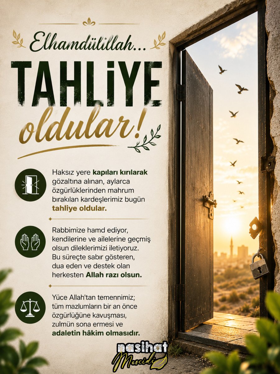 NasihatMescidi's tweet photo. Elhamdülillah...

Haksız yere kapıları kırılarak gözaltına alınan, aylarca özgürlüklerinden mahrum bırakılan kardeşlerimiz bugün tahliye oldular.

Rabbimize hamd ediyor, kendilerine ve ailelerine geçmiş olsun dileklerimizi iletiyoruz. Bu süreçte sabır gösteren, dua eden ve destek olan herkesten Allah razı olsun.

Yüce Allah'tan temennimiz; tüm mazlumların bir an önce özgürlüğüne kavuşması, zulmün sona ermesi ve adaletin hâkim olmasıdır.

#nasihat #mescidi
#tahliye 
#ferdiyapan #hoca