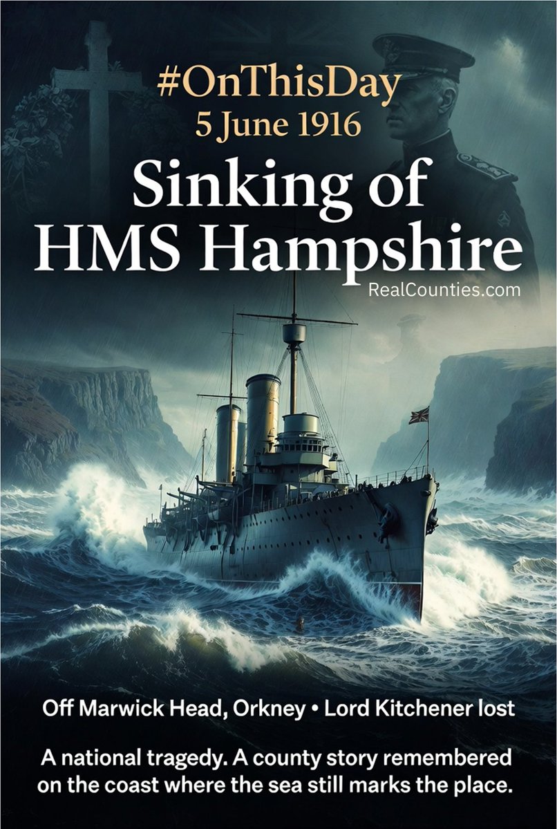 RealCounties's tweet photo. #OnThisDay in 1916, HMS Hampshire struck a German mine off Marwick Head, Orkney, and sank in heavy seas.

Among those lost was Lord Kitchener, one of the most famous figures of the First World War.

But this was not only a national tragedy.

It was a county story too - remembered on the coast of Orkney, where the sea still marks the place.

HMS Hampshire. Orkney. 5 June 1916.