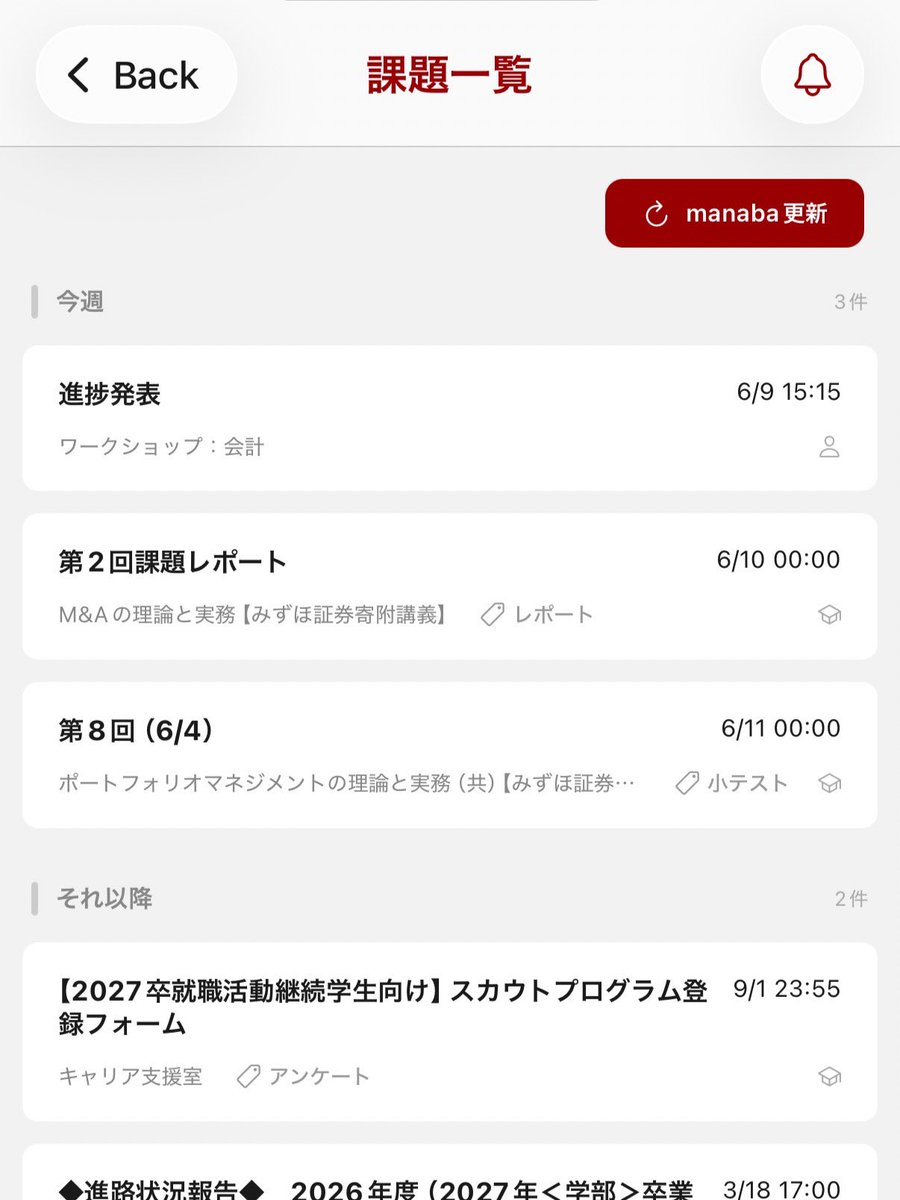 bashikoma_app's tweet photo. 【manaba課題管理　アップデート！】

・manabaの未提出課題と、自分で追加した課題を一覧で見れるようになりました！

・manabaの課題は、更新した際に自動でリマインド通知がセットされます！
(リマインドのタイミングは後から変更できます) https://t.co/PVlFrHXlGs