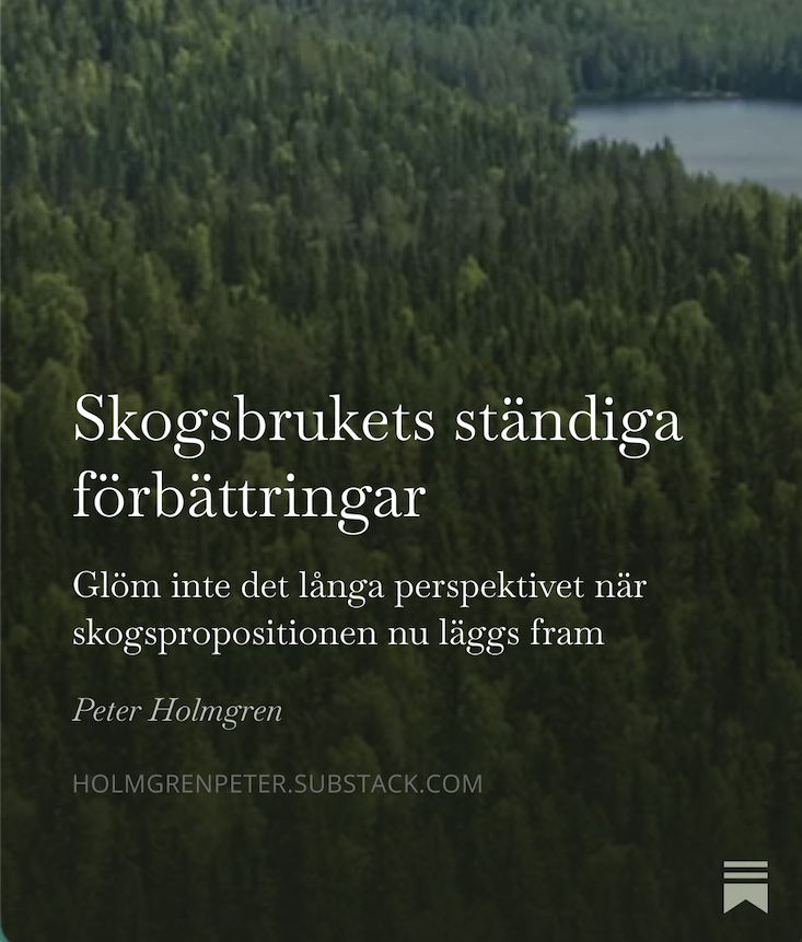 pholmgren's tweet photo. Det finns en berättelse om det svenska skogsbruket som försvunnit från radarn. 
Som slarvas bort i dagspolitiska meningsutbyten om skogsutredningen haft rätt inriktning, eller ifall den dagsaktuella skogspropositionen lägger för stor tyngd på produktion.

https://t.co/UzGpjGKt5Z https://t.co/0R1rS83GB0