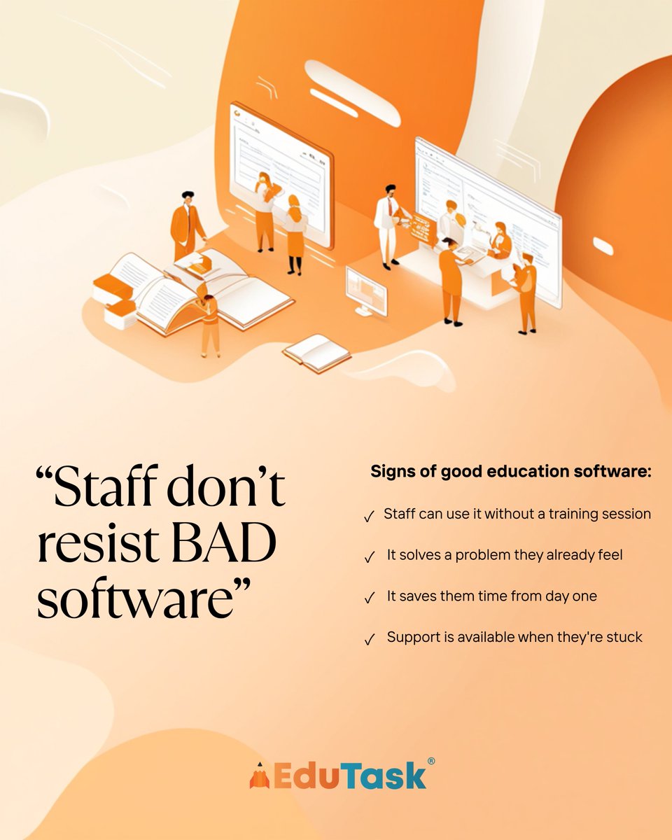 myedutask's tweet photo. Staff don't resist software. They resist bad software.

Good school software is simple, solves real problems, saves time, and works on mobile.

The real question isn't "Will staff use it?" It's "Is it worth using?"

#SchoolTech #EdTech #StaffAdoption #ChangeManagement https://t.co/BWdOWFVHDT