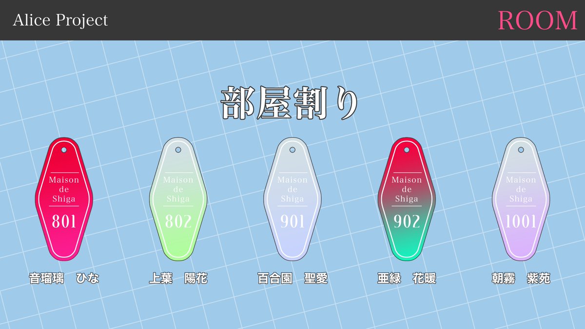 ProductWonderM's tweet photo. ▍5　部屋割り

寮(マンション)の部屋割りを発表いたします。
完全ランダムで組まれたものになるため、事務員への批判はおやめ下さい。 https://t.co/rt9iMxhbYv