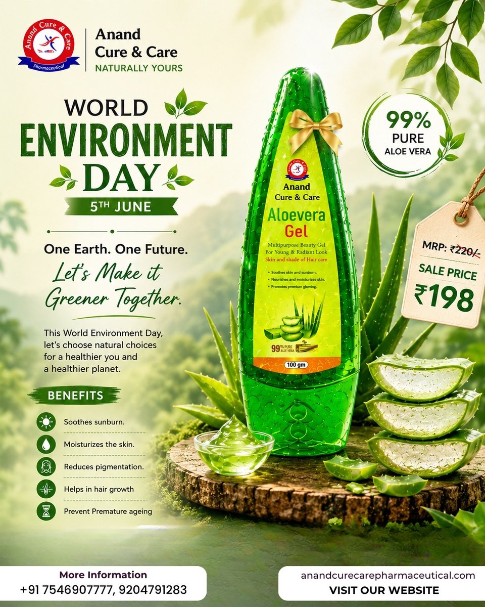CureAnand's tweet photo. One Earth. One Future. Let’s Make it Greener Together! 🌍🌱

This World Environment Day, choose natural choices with Anand Cure &amp; Care 99% Pure Aloevera Gel for flawless skin &amp; healthy hair! ✨💆‍♀️

#WorldEnvironmentDay #AnandCureAndCare #AloeVeraGel #NaturalSkincare #GoGreen https://t.co/NrGESEhpk4