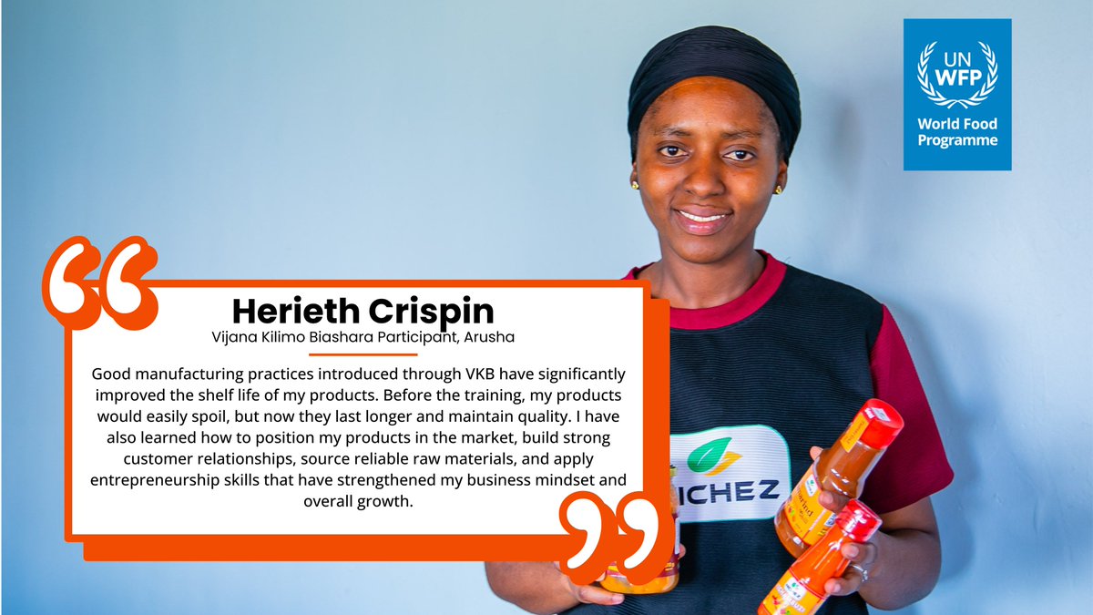 WFP_Tanzania's tweet photo. In Tanzania, value addition is unlocking new opportunities for young entrepreneurs. Through @WFP's Vijana Kilimo Biashara programme, supported by @MastercardFdn youth like Herieth are developing competitive products, reaching markets, and growing sustainable enterprises. https://t.co/dxZBr8zkRD