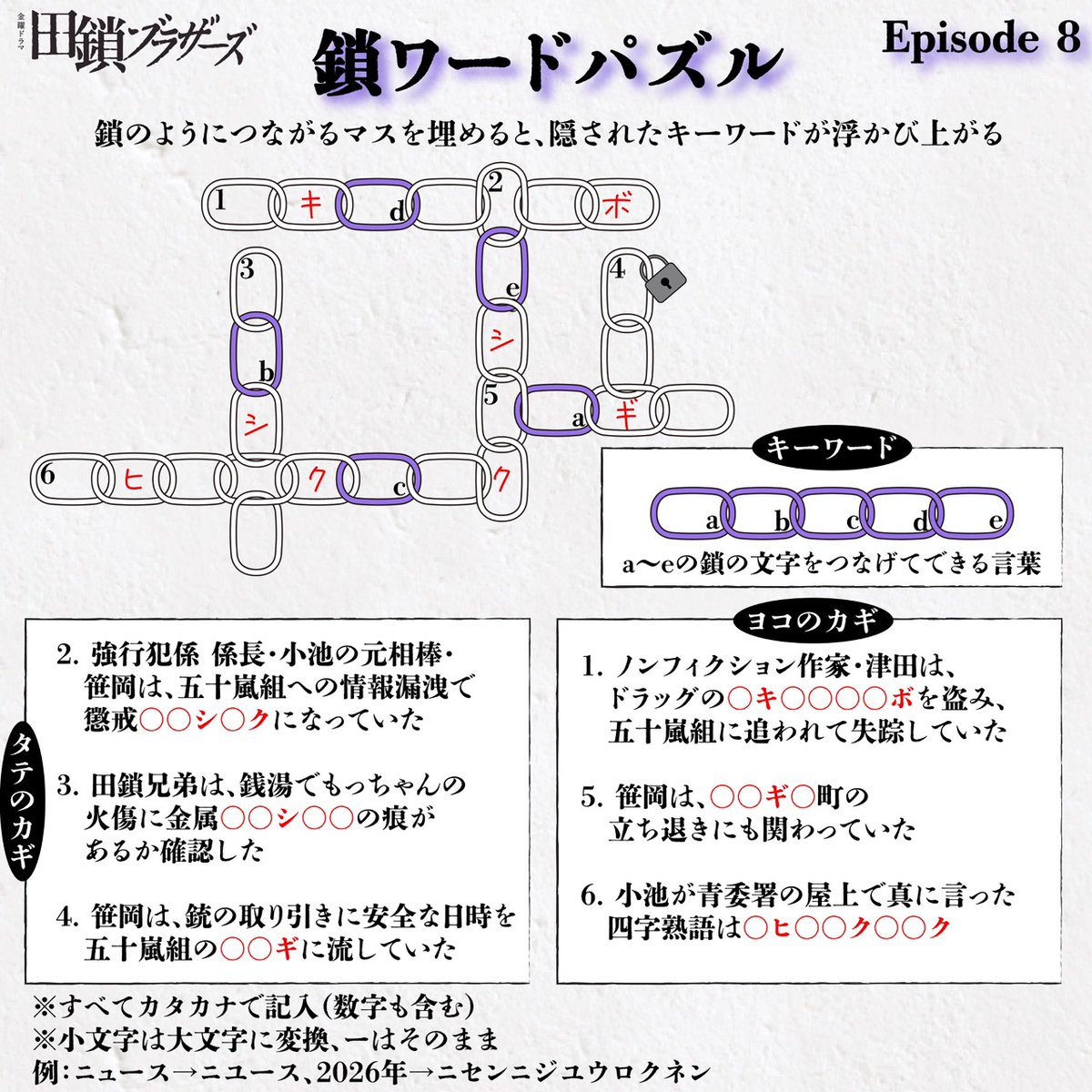 tagusari_tbs's tweet photo. ＼ ⟡ 鎖ワードパズル ep.8⟡ ／

a〜eの鎖の文字をつなげてできる言葉は？
￣￣￣￣￣￣￣￣￣￣￣￣￣￣￣￣￣￣￣

正解者の中から抽選で𝟓名様に
「田鎖ブラザーズ」
特製アクリルキーホルダーをプレゼント🎁⟡

▸応募方法
@tagusari_tbs
 をフォローし
この投稿を引用リポストして
「#田鎖ブラザーズ」＋キーワードを回答📱⸝⋆

▸応募期間
6/5(金)22:54～6/7(日)23:59
※当選者にはDMでご連絡いたします

第𝟗話𝟔月𝟏𝟐日(金)よる𝟏𝟎時放送
『#田鎖ブラザーズ』