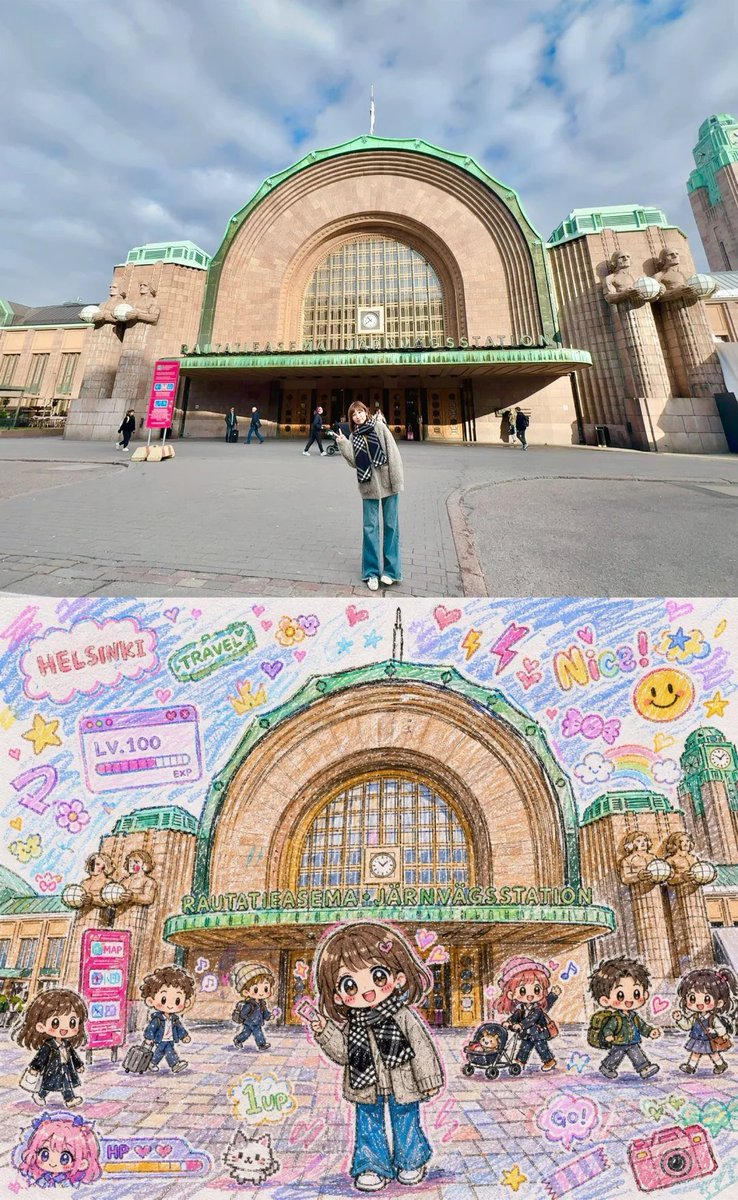 AbleGPT's tweet photo. 【prompt】拯救旅游废片
出去玩的照片拍得不够满意？没关系，��套AI蜡笔涂鸦风让你吸睛朋友圈
先上传图片，然后提示词：
将照片转化成一种可爱混乱儿童蜡笔涂鸦插画风格。整体像是彩铅+蜡笔+手账贴纸+MSPaint涂鸦结合。 
使用：粗糙线条，抖动边缘，不均匀上色，纸张纹理，彩铅叠色，蜡笔颗粒感，故意幼稚但很有灵气的画风。
人物变成Q版萌系二次元风格，大眼睛，夸张表情，可爱活泼。
背景加入大量doodle: 爱心，闪电，星星，糖果，笑脸云朵，小花，贴纸，游戏U1元素，乱涂乱画符号。
颜色以：粉色，蓝色，紫色，黄色，薄荷色为主。
整体氛围：可爱，混乱，梦幻，少女感，游戏宅手账风，互联网kawaii,Kawaiiaesthetic 
不要精致，不要高级商业插画感，不要实渲染，不要干净线稿，保留"手绘失败感"和"乱涂鸦感”。