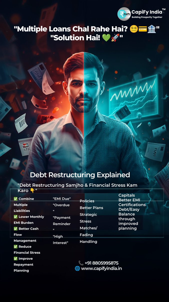 CapiFyIndia's tweet photo. 🚨 5 EMI Bhar Rahe Ho? Shayad Aapko Ye Jaanna Chahiye... 👀💸
Har loan problem ka solution naya loan nahi hota! 😵‍💫
📞 +91 8805995875
🌐 https://t.co/V18R7lwB8a
🏢 CapiFy India
Building Prosperity Together 💚
#DebtRestructuring #EMIManagement #FinancialPlanning #LoanTips https://t.co/RALrBEqBY2