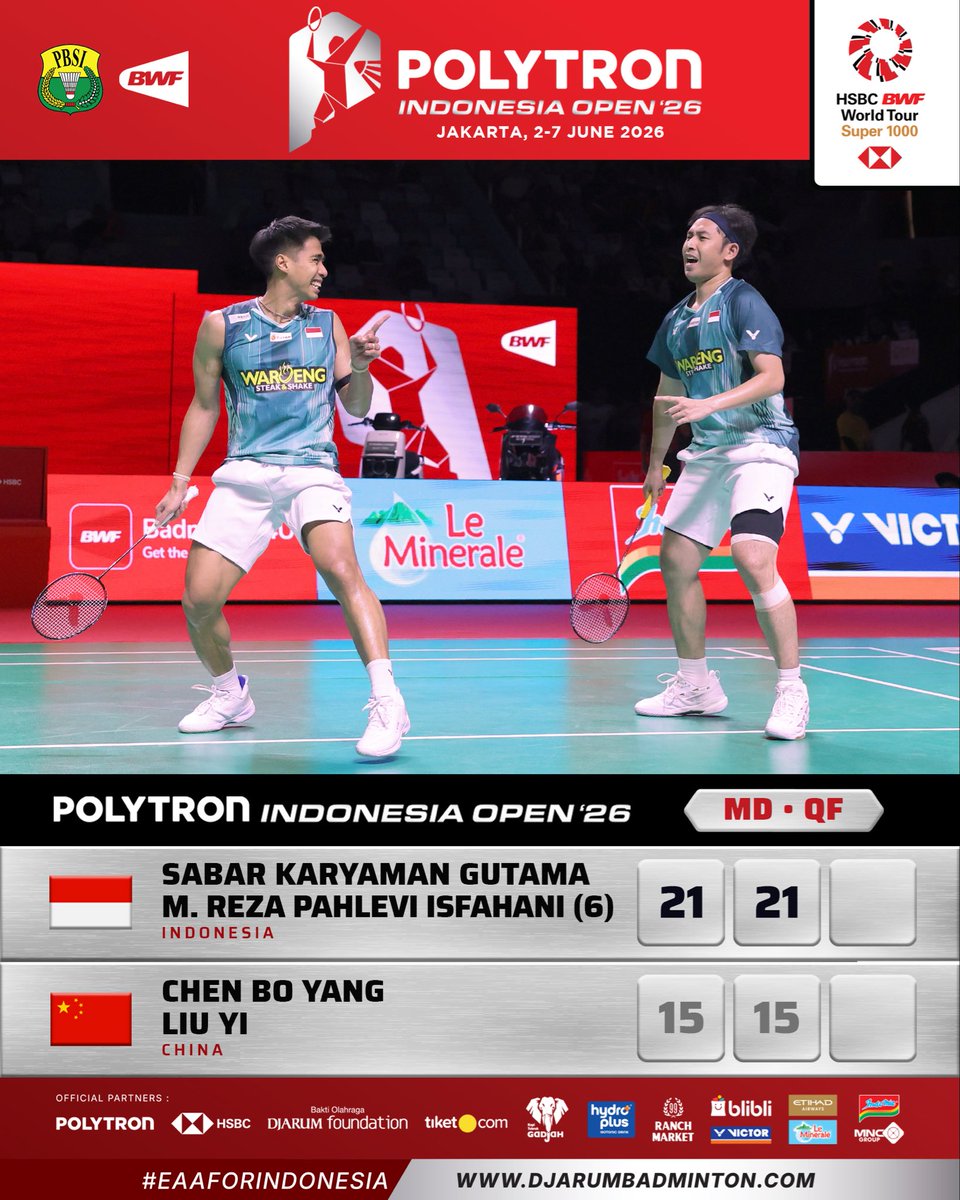 INABadminton's tweet photo. Sabar/Reza menang, bertemu Raymond/Joaquin di semifinal.

Satu tiket final sudah dipastikan!!

JOSJIS GANDA PUTRA INDONESIA 🔥🏸🇮🇩

#BadmintonIndonesia #PolytronIndonesiaOpen2026 #PIO2026 #EeaForIndonesia #PrideOfTheNation https://t.co/6XdyLqajst