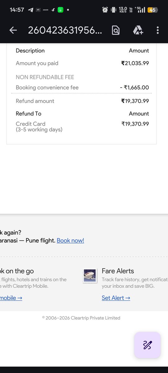 SHIVAMC45443853's tweet photo. Hello @Cleartrip,
I had flight booked through clear trip and it was canceled by the airlines. Now when I reached out to clear trip regarding refund, I was charged the convenience fee. My question is why we, customers should pay the penalty for airlines mistake. Attaching Ss below https://t.co/nDRiQwp4rn