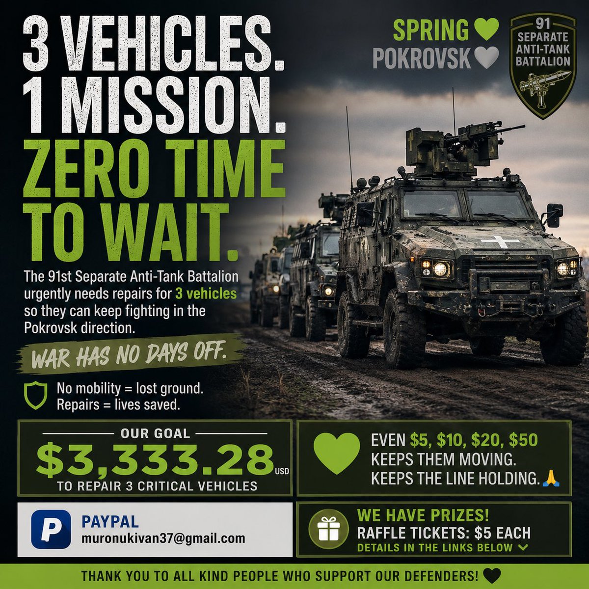 tanyawoz4's tweet photo. Every day the soldiers do their part.

Every day we try to do ours.

Today we’re continuing our collection to help repair steel horses for the 91st Separate Anti-Tank Battalion.

Thank you for standing with them. 🇺🇦

I’m proud to be hosting a fantastic raffle, kindly brought together by some amazing members of our community. Please see the thread below for details and photos of these incredible prizes. 🧵