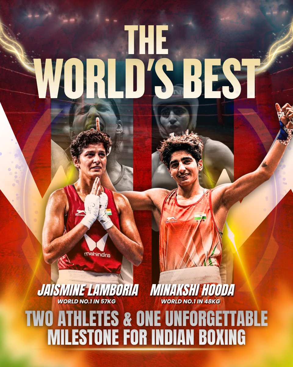 mansukhmandviya's tweet photo. Unstoppable Nari Shakti of Bharat🇮🇳 

Heartiest congratulations to Minakshi Hooda and Jaismine Lamboria as they rise to World No.1 in their respective weight categories. https://t.co/jCC4FNrygE