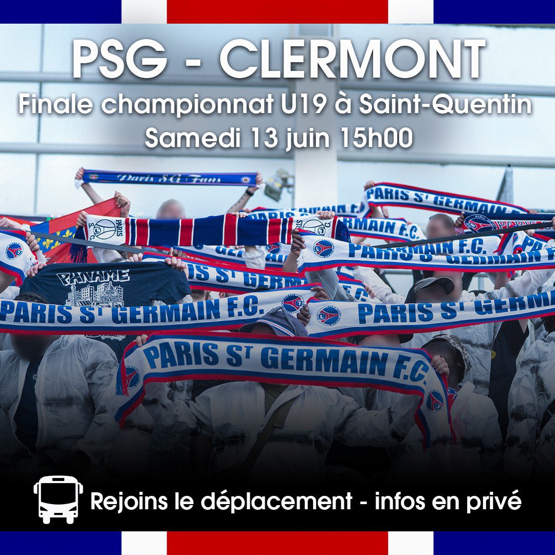 sparisiens1970's tweet photo. DÉPLACEMENT FINALE U19 À SAINT-QUENTIN

PSG - CLERMONT 

Rejoins le déplacement - infos en privé https://t.co/wPkxLhhEdY