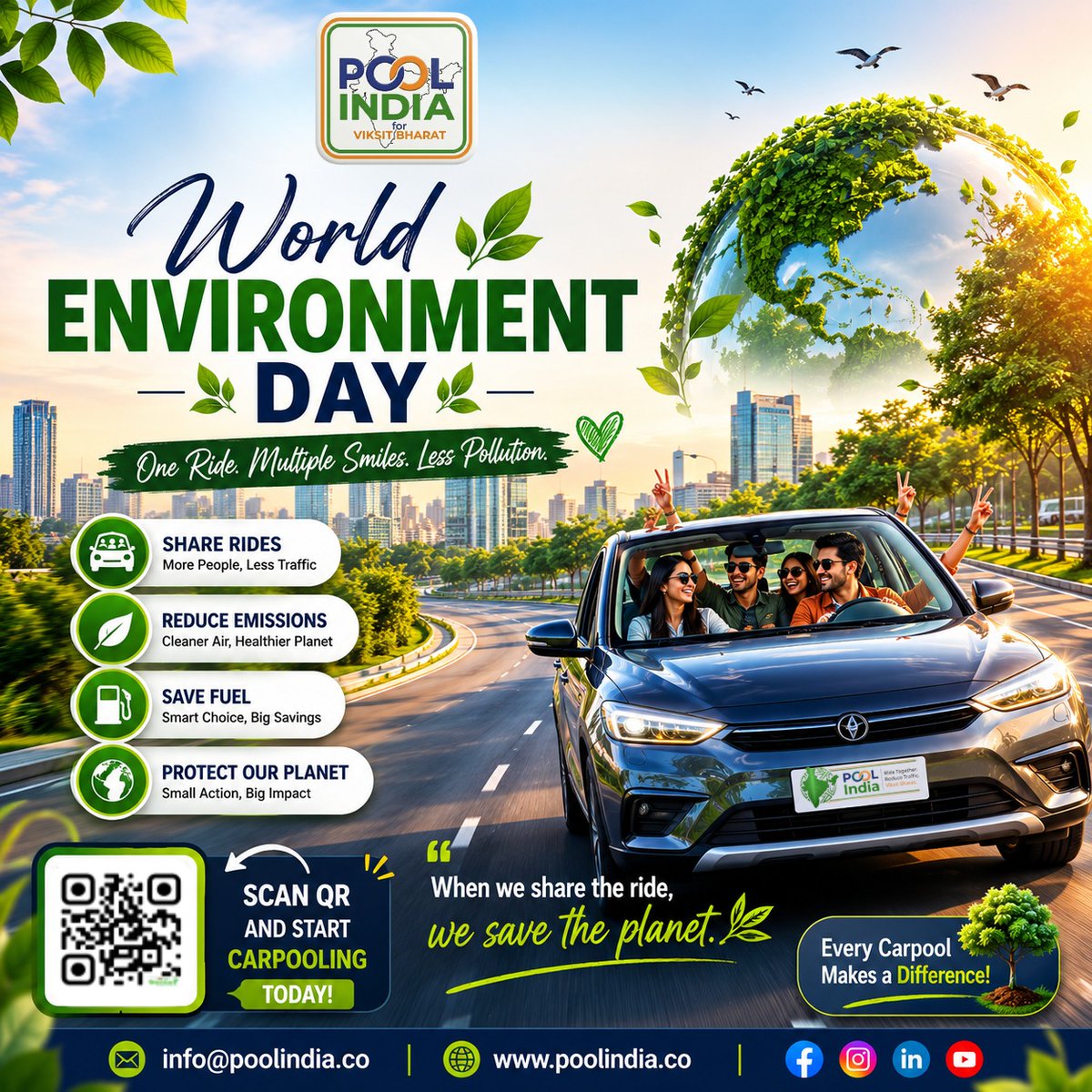 India_Pool's tweet photo. 🌍 This World Environment Day, be the reason for a cleaner tomorrow.

Every day, thousands of cars travel with empty seats while our roads get crowded and our environment pays the price.

What if one simple decision could make a real difference?

🚗 Share your ride.
🌱 Reduce pollution and carbon emissions.
💰 Save fuel and travel costs.
🤝 Meet people traveling the same route.
🚦 Help reduce traffic congestion.

A single empty seat can become a step toward a greener planet.

Imagine the impact if thousands of people chose to carpool every day. Less traffic. Cleaner air. Lower fuel consumption. A healthier future for everyone.

♻️ Small Change. Big Impact. Every Carpool Counts.

Let's drive smarter, save together, and protect the environment—one ride at a time.

📲 Scan the QR Code and Start Carpooling Today!

🌐 https://t.co/VCGaZN7Ku0
📧 info@poolindia.co

💚 Don't just celebrate World Environment Day. Be a part of the solution.

 #WorldEnvironmentDay #PoolIndia #Carpooling #GoGreen #SaveEnvironment #ReducePollution #ClimateAction #GreenCommute #SustainableLiving #RideTogether #EcoFriendly #CleanAir #EveryCarpoolCounts #DriveForChange #FutureStartsToday