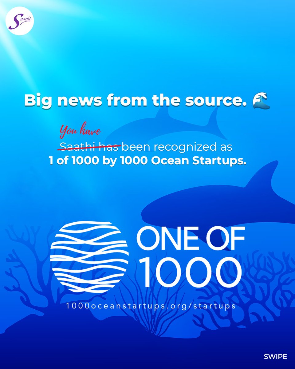 SaathiPads's tweet photo. Big news from the source. 🌊

Saathi has been recognized as 1 of 1000 by 1000 Ocean Startups, a global initiative supporting ocean-positive ventures working toward a healthier ocean by 2030. #1of1000 https://t.co/CeB5yGMyPU