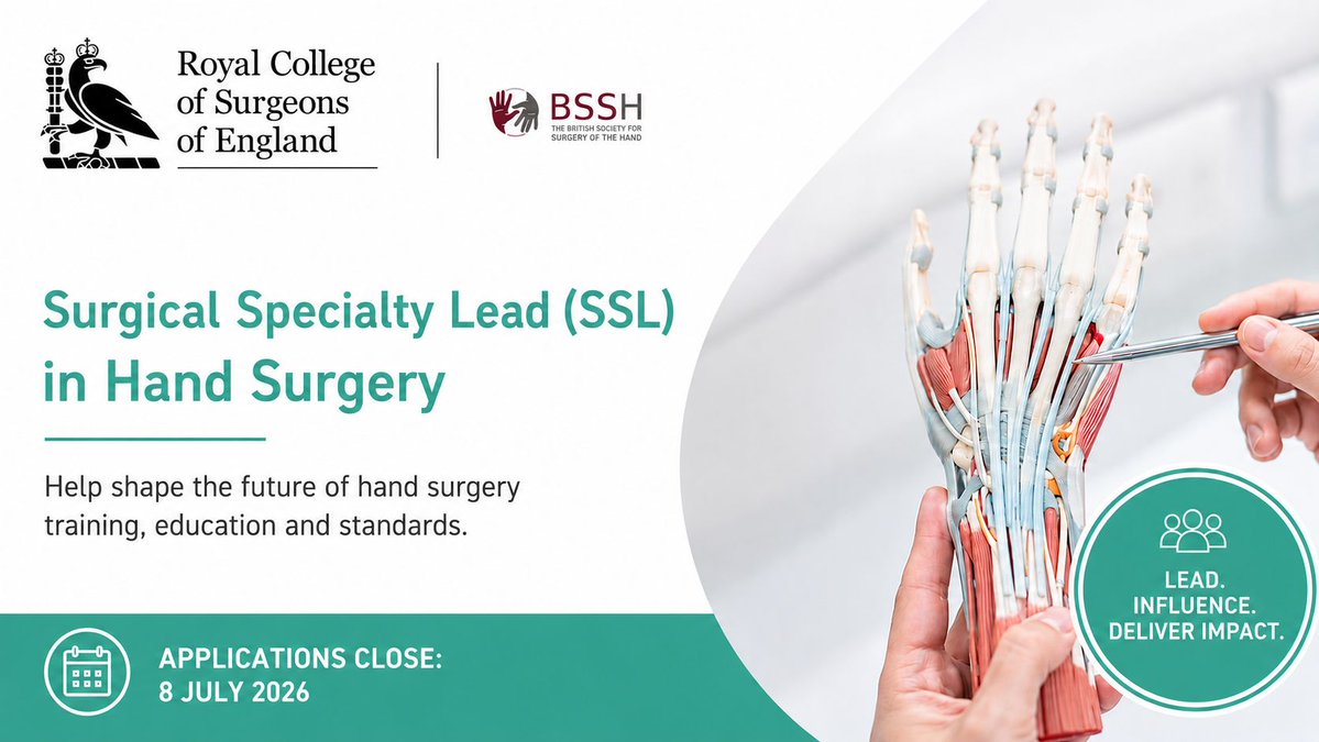 BSSHand's tweet photo. @BSSHand is delighted to maintain its collaboration with the Royal College of Surgeons of England in supporting the role of Surgical Specialty Lead (SSL) for hand surgery. 

We invite applications from orthopaedic and plastic surgeons. 

Find out more: https://t.co/iDrmy8KS8b https://t.co/AoRmjRDK6j