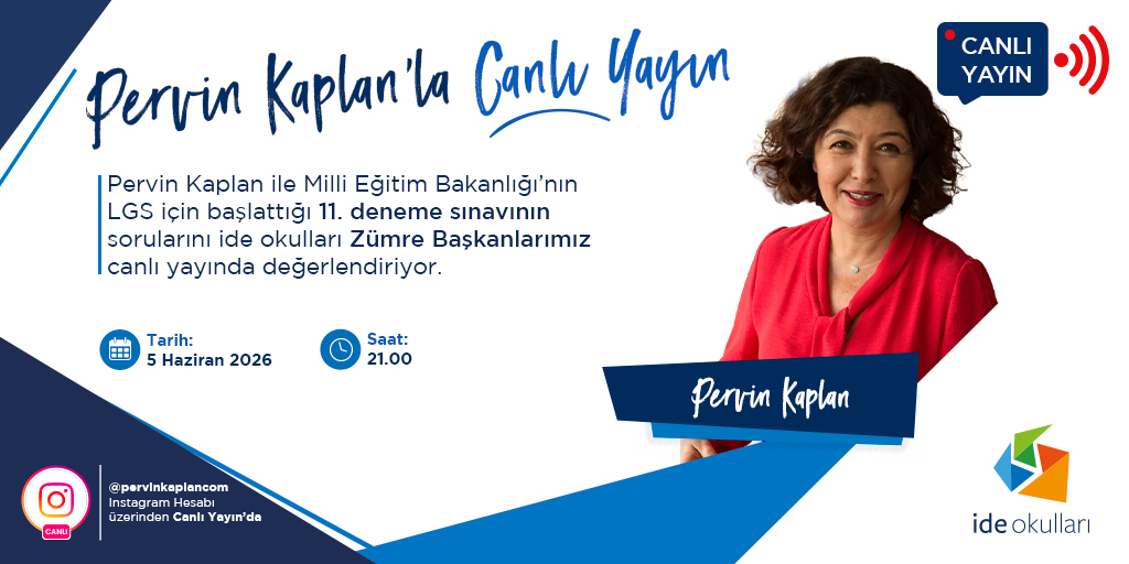 ideokullari's tweet photo. LGS’ye hazırlanan öğrenciler ve veliler için kaçırılmayacak bir yayın!
Bu akşam 21.00’de Pervin Kaplan’ın Instagram canlı yayınında, MEB’in 11. deneme sınavı soruları ide okulları Zümre Başkanlarımız tarafından değerlendirilecek. Siz de yayına katılın! @pervinkaplancom https://t.co/KrHakamYod