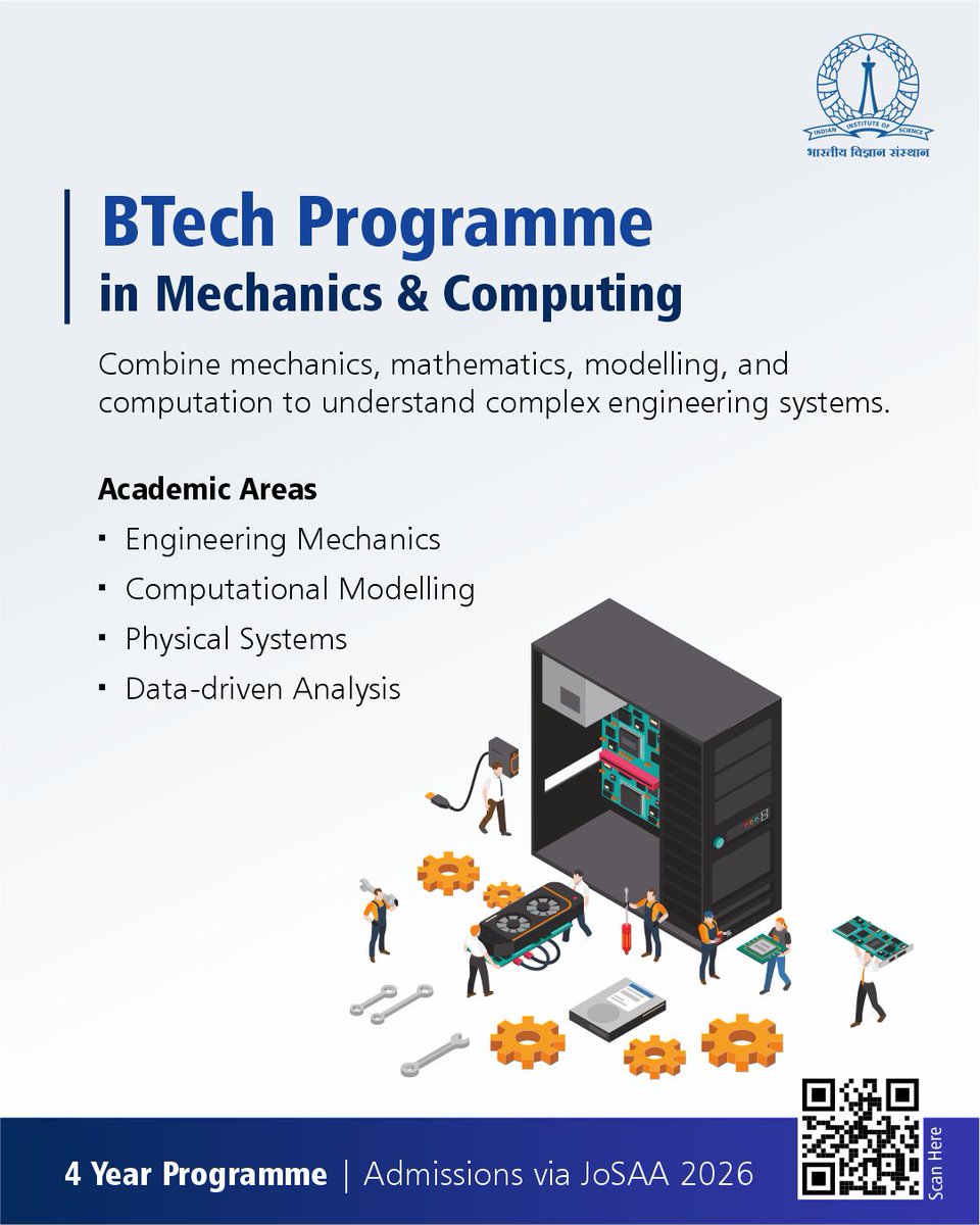 iiscbangalore's tweet photo. The BTech Programme in Mechanics &amp; Computing at IISc brings together mechanics, mathematics, modelling, and computation to study how engineering systems behave, respond, and perform.

Learn more about the programme: https://t.co/KcIZkzIvBT

#IISc #MechanicsAndComputing https://t.co/hrq6tL0SBD