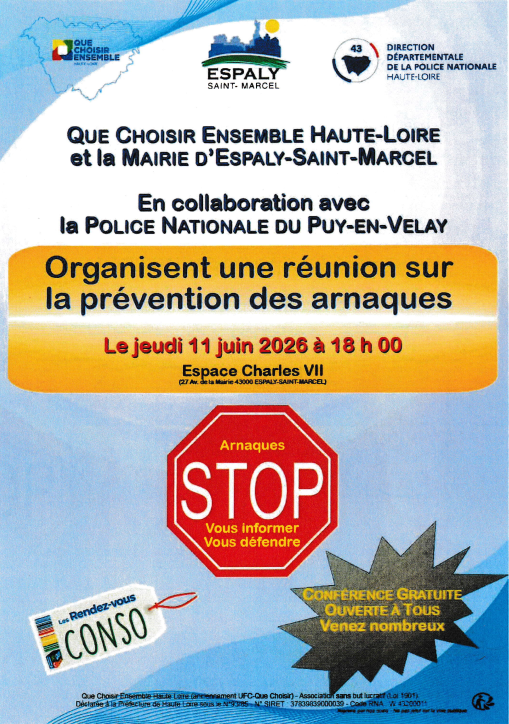 PoliceNat43's tweet photo. #Prévention |
#Arnaques |

UFC QUE CHOISIR, en collaboration avec la mairie d’Espaly et la PN43, organise une conférence contre les arnaques.

Conférence gratuite et ouverte à tous le 11/06/2026 à 18h00, à l’Espace Charles VII d’Espaly-Saint-Marcel.

@Prefet43
@PoliceNationale https://t.co/n48Jl0XSPE