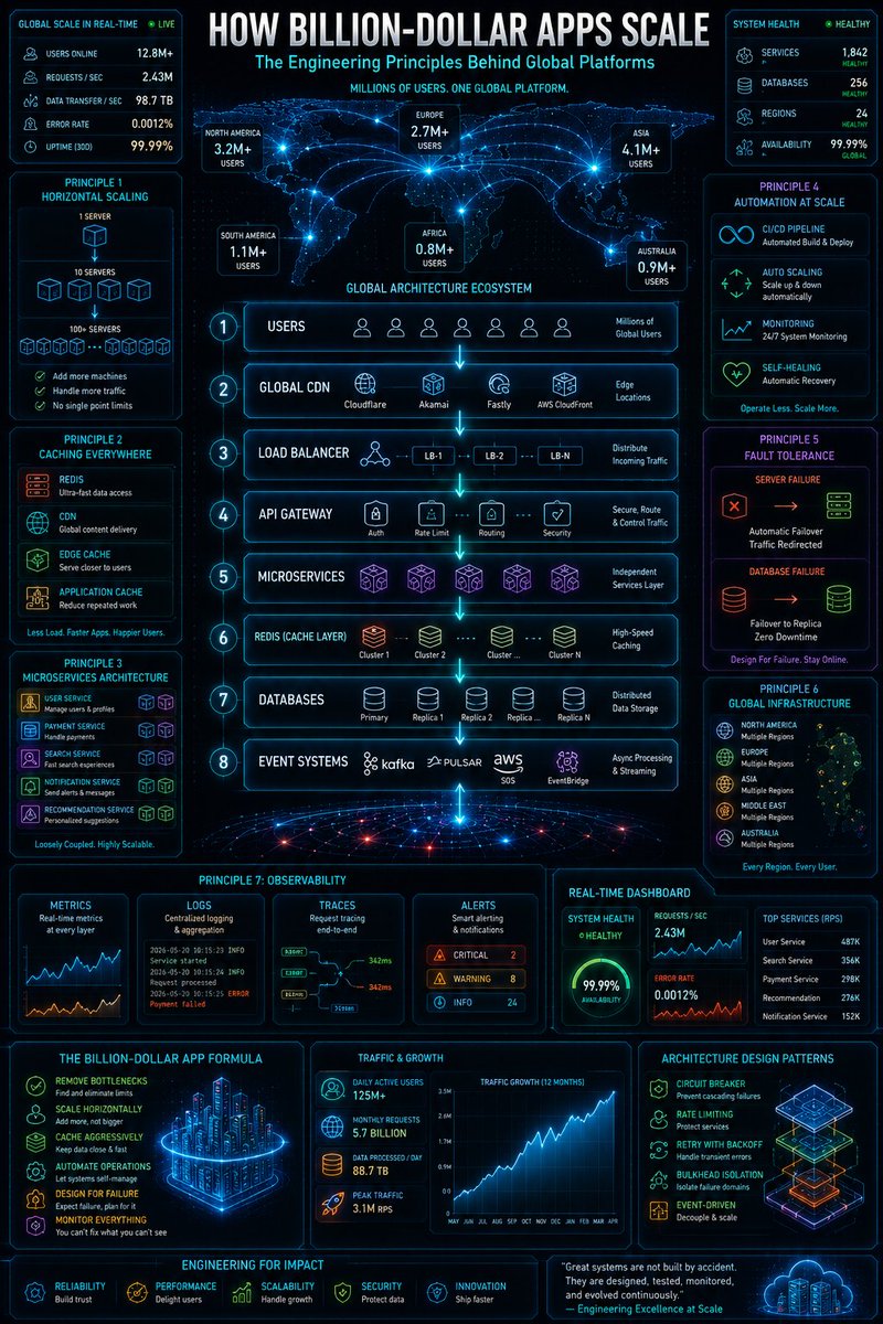 chanducore's tweet photo. How billion-dollar apps scale:

✅ Horizontal Scaling
✅ Aggressive Caching
✅ Microservices
✅ Automation
✅ Fault Tolerance
✅ Global Infrastructure
✅ Observability

Scaling isn't magic.

It's removing bottlenecks one by one.

#SystemDesign #Scalability #SoftwareEngineering https://t.co/6GPx94f17A
