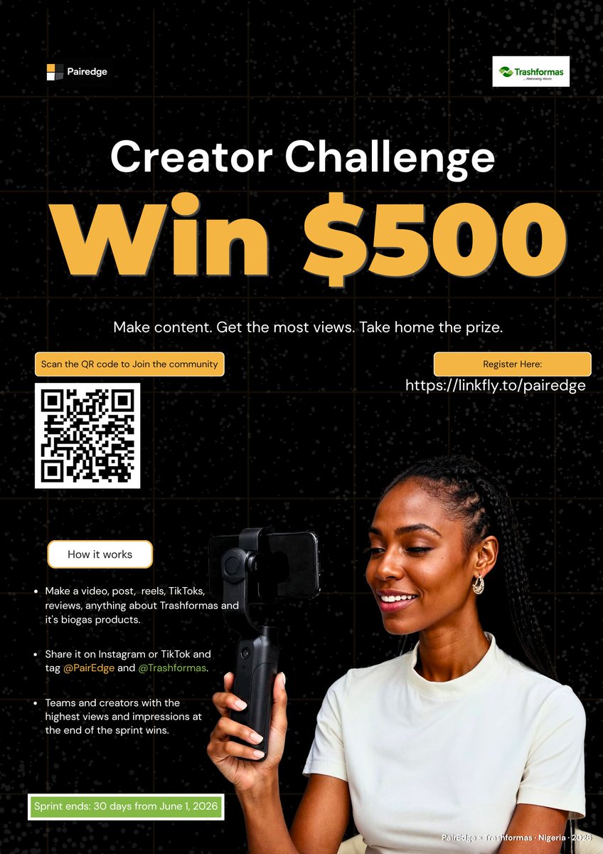 PairEdge_'s tweet photo. We're teaming up with Trashformas for a $2,000 Campus Creators Competition.

Students and campus creators can win cash prizes by creating content about one of Nigeria's most exciting clean-energy startups.

#PairEdge #Trashformas #CreatorChallenge #CampusCreators #CleanEnergy https://t.co/2sFTYXs7oT