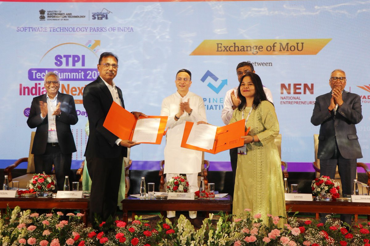 stpiindia's tweet photo. STPI Tech Summit 2026 – India's Next Leap | MoU Highlights ✨ 

In the spirit of partnership, a memorandum of understanding (MoU) was exchanged between AIC STPINEXT INITIATIVES and NEN, Wadhwani Foundation during the event, to catalyse the next phase of India’s entrepreneurial growth and boost the vibrant innovation ecosystem.  🤝

The MoU was exchanged between Ms. Sanghamitra Dutta Bhasin, Accelerate Growth Program Manager, on behalf of NEN and Shri Sanjay Kumar Gupta (@guptaa_sanjay), Sr. Director, STPI, on behalf of STPINEXT.

Through this collaboration, startups will gain access to structured founder development programmes, mentorship, investor readiness support, and growth acceleration opportunities. 

📅 5th June, 2026
📍 The Ashok Hotel, Chanakyapuri, New Delhi
🔗 Watch it live now: https://t.co/3HJSEw84yI 

#STPI35 #STPI #DigitalIndia #Innovation #Technology #ViksitBharat #IndiaTech

@GoI_MeitY @AshwiniVaishnaw @JitinPrasada @SecretaryMEITY @arvindtw @_DigitalIndia @NeGD_GoI @startupindia @NICMeity @investindia @NITIAayog  @rnivruti @debjani_ghosh_ @inregistry @NIELITIndia @cdacindia @_BHASHINI @DPIITGoI @intel @escnewdelhi @guptaa_sanjay @TiEDelhi @OfficialINDIAai @DeepakBagla_