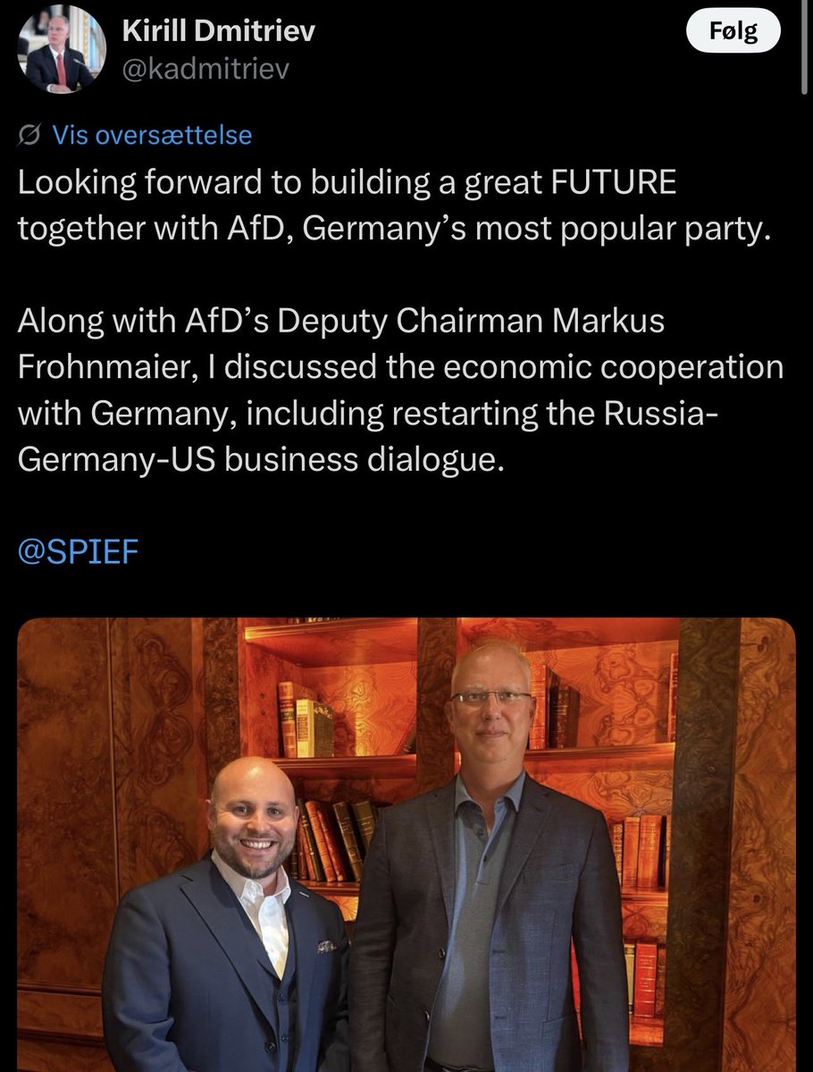 MIKKEL_MH's tweet photo. AfD er en skændsel for vestlig politik.

Partiet står side om side med Kreml, bogstaveligt talt, og sympatiserer med et regime, som aktivt søger at undergrave vestlige demokratier.

Hvis man bakker op om AfD så bakker man de facto op om Kreml. https://t.co/uiXj9yrsX1