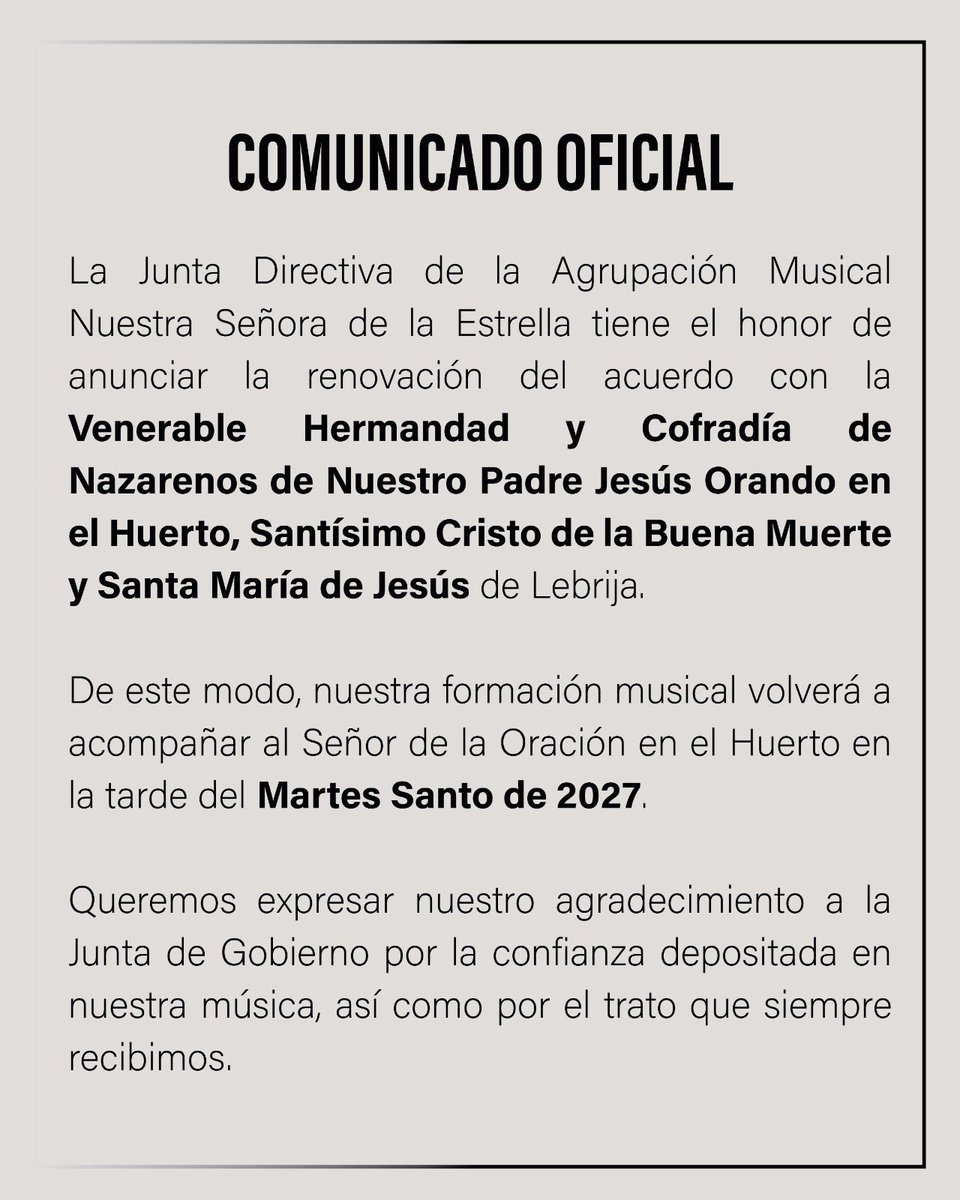 EDH_1969's tweet photo. 𝐂𝐎𝐌𝐔𝐍𝐈𝐂𝐀𝐃𝐎 𝐎𝐅𝐈𝐂𝐈𝐀𝐋 |
Anunciamos la renovación con la Hermandad de la Oración en el Huerto de Lebrija para el próximo Martes Santo.

#SientelaEstrella #EstrelladeDosHermanas https://t.co/LRyAG1gSdU