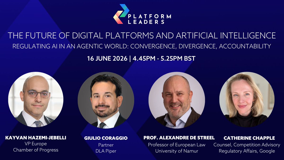 PlatformLeadrs's tweet photo. EU AI Act delayed to 2027/28. DMA review puts AI centre-stage. Agents from Anthropic, Google &amp; OpenAI keep outpacing the rulebook.

How should regulators respond? Join our AI governance panel, 16 June.

https://t.co/vgIaNGQBJn https://t.co/aH8zxtaNIA