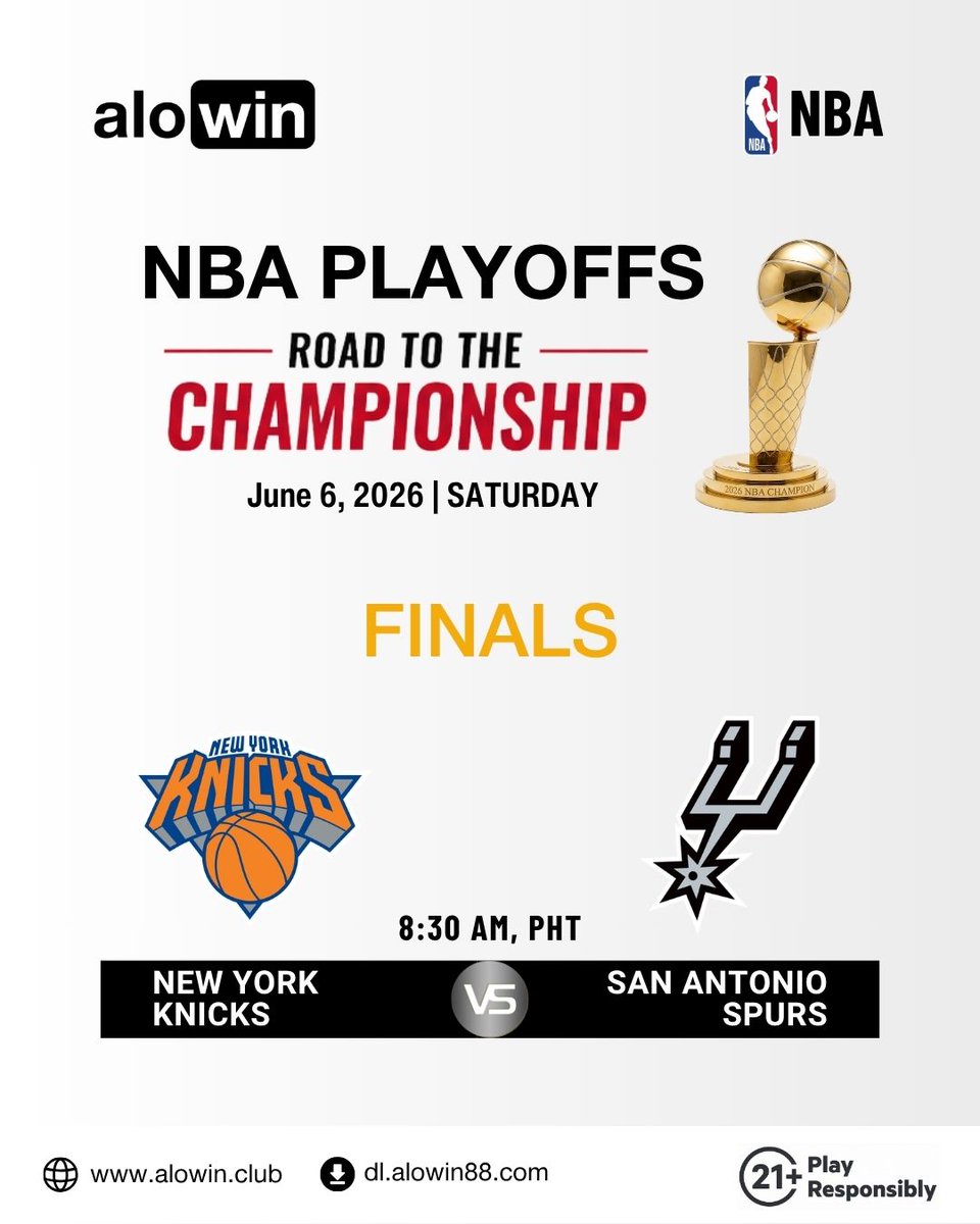alowinph's tweet photo. NBA Finals Game 2: Can New York take control? Or will Spurs even things up?

The Knicks head into Game 2, this Saturday June 6 with a 1–0 series lead after a strong road win in San Antonio. 

Catch the excitement and lock your picks now at https://t.co/1BxI5T7gjY Sports.

.
⚠️ 21+ Only • Play Responsibly
#AloWin #AlowinClub #NBA #NBAFinals #NBA2026 #Game2 #Basketball #PlayResponsibly
