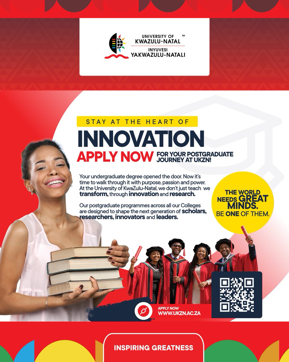 UKZN's tweet photo. Your undergraduate degree opened the door. Now take the next step with a postgraduate qualification from UKZN.

Join a community of scholars, researchers, innovators, and future leaders committed to shaping a better tomorrow through research, knowledge, and innovation.

The world needs great minds. Be one of them.

Apply now for your postgraduate journey at UKZN. Visit https://t.co/ypAIc0fGsj for more information.

#InspiringGreatness  #PostgraduateStudies