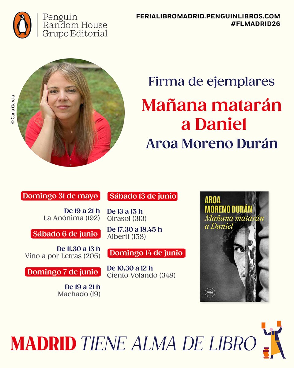 randomhouse_es's tweet photo. @FLMadrid @penguinlibros @ElviraNavarro 📍 @AroaMD estará firmando 'Mañana matarán a Daniel'. https://t.co/9rAevHblKL