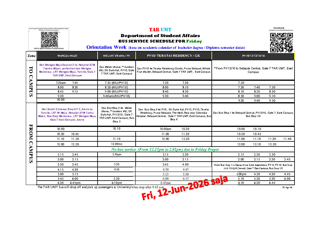 KlTaruc's tweet photo. TAR UMT shuttle bus schedule (Orientation Week) (From 08-Jun-2026 to 12-Jun-2026) https://t.co/g9H4ce4WI3