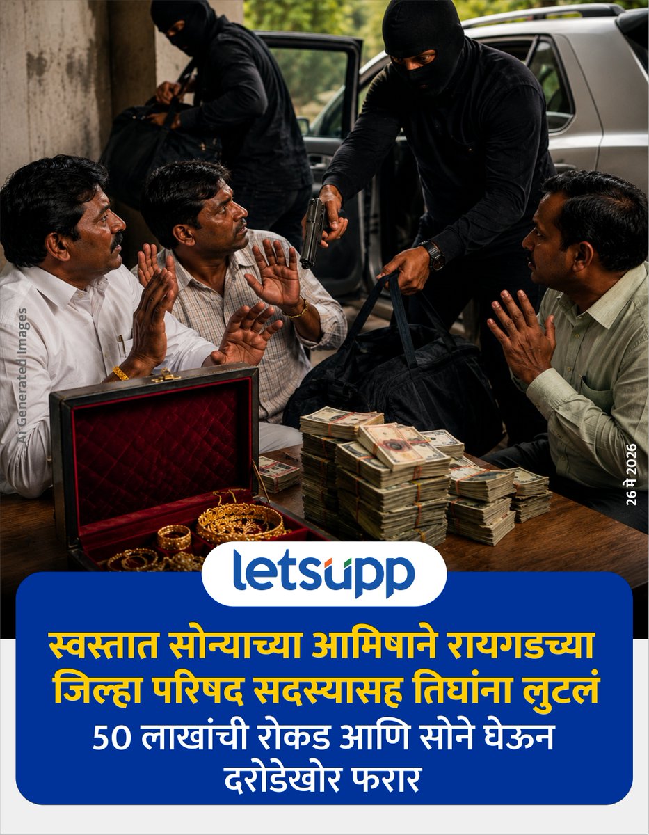 LetsUppMarathi's tweet photo. अहिल्यानगर आणि रायगड जिल्ह्यातील जिल्हा परिषद सदस्यासह तिघांना स्वस्तात सोने देण्याचे आमिष दाखवून तब्बल 50 लाख रुपयांची रोकड आणि 16 तोळे सोन्याचे दागिने लुटल्याची घटना घडली आहे. 
-
#raygad #ahilyanagar #GoldScam #LowPriceGold #trapped #MaharashtraNews #LetsUppMarathi #LetsUppNews https://t.co/qeSwDQn8ol