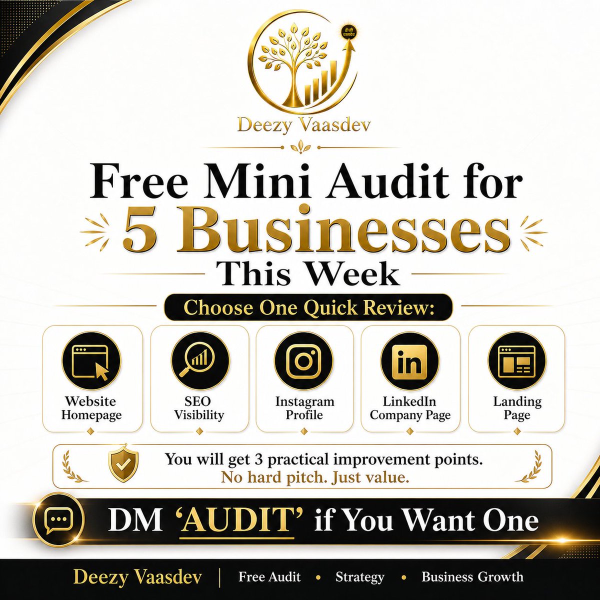 DeezyVaasdev's tweet photo. Free mini audit for 5 businesses this week.
DM “AUDIT” if you want one.

#FreeAudit #DigitalMarketingAudit #WebsiteAudit #SEOAudit #SocialMediaAudit #LandingPageReview #BusinessGrowth #LeadGeneration #DeezyVaasdev https://t.co/Q3nWIBIy9S