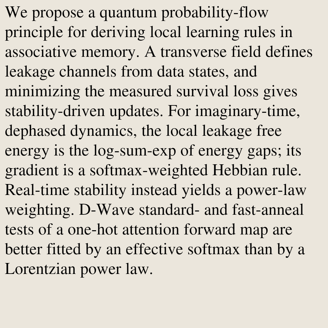QuantumPapers's tweet photo. Attention-Like Hebbian Learning from Quantum Probability Flow and Quantum-Annealer Tests

Masayuki Ohzeki
https://t.co/XpSR6HxNek [𝚚𝚞𝚊𝚗𝚝-𝚙𝚑 𝚌𝚘𝚗𝚍-𝚖𝚊𝚝.𝚍𝚒𝚜-𝚗𝚗] https://t.co/9j8Hz3PgyH