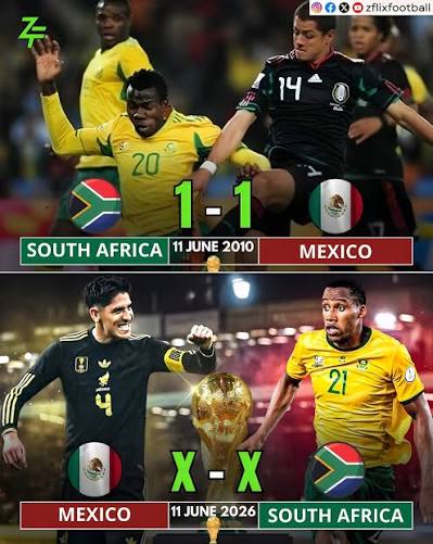Danny_hoffzone's tweet photo. Nøyaktig 16 år etter at de åpnet VM sammen i Johannesburg, møtes Mexico og Sør-Afrika igjen til åpningskampen, på nøyaktig samme dato, 11. juni! 🗓️⚽ Snakk om sirkulær fotballhistorie! 

Sist ble det 1-1, hva blir resultatet denne gangen? https://t.co/CBYTQweeY7