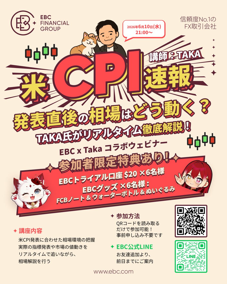 ebc_trading's tweet photo. 📢⚡️＼6月10日（水）21:00よりライブ配信！／

🇺🇸米CPI発表直後の相場を、プロトレーダー @TAKA55JIN 氏がリアルタイムで徹底解説📊🔥

今回のウェビナーでは、米CPI発表を題材に、重要経済指標の読み方やプロの相場分析手法、ドル円相場を見る際のポイントを、実際の値動きとともに学ぶことができます💡📈

🤔「指標発表後、どこを見ればいいのか分からない」
👀「大きく動く相場をどう分析するのか知りたい」
そんな方にもおすすめです✨

🎁参加者限定特典
💰EBCトライアル口座20ドル入金済み × 6名様
🎉EBCオリジナルグッズ × 6名様

✅参加無料
✅事前申込不要
✅画像内のQRコードから直接参加可能📱
🔴ライブ配信はこちら
https://t.co/ql9lZp4WIC
さらに、EBC公式LINEを友だち追加すると、配信前日にご案内をお届けします🔔

米CPI発表の瞬間を、@TAKA55JIN 氏と一緒にチェックしましょう📊🔥