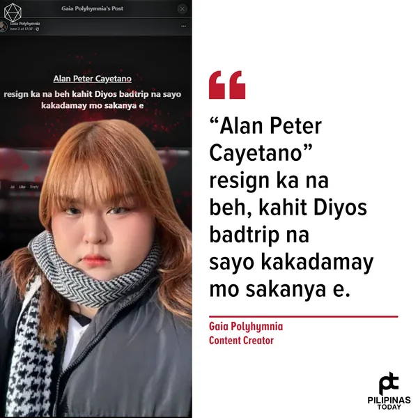 PilipinasToday_'s tweet photo. 'RESIGN  KA NA, BEH' 

Naging viral sa social media ang isang post ng content creator na si Gaia Polyhymnia matapos nitong maglabas ng matapang na mensahe para kay Sen. Alan Peter Cayetano. 

Sa kanyang Facebook post, hayagan niyang hinimok ang senador na tanggapin na ang katotohanan na napatalsik na siya bilang Senate president, bagay na mabilis na nakakuha ng atensyon at reaksyon mula sa mga netizen.                                                                           

Ang naturang pahayag ay lumutang sa gitna ng mga umiinit na bangayang pulitikal na kinasasangkutan ni Cayetano at kanyang grupo sa Senado.

#PilipinasToday 
#Alanpetercayetano
#SenatePH