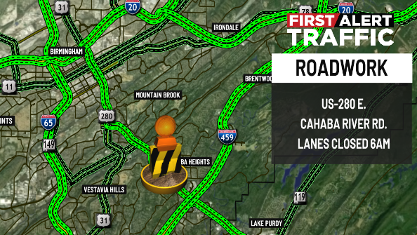 DestinyM_TV's tweet photo. First Alert:
There is construction on US-280 E. at Cahaba River Rd. until 6am. @WBRCnews @WBRCtraffic #wbrctraffic https://t.co/DqdXOuq6lo