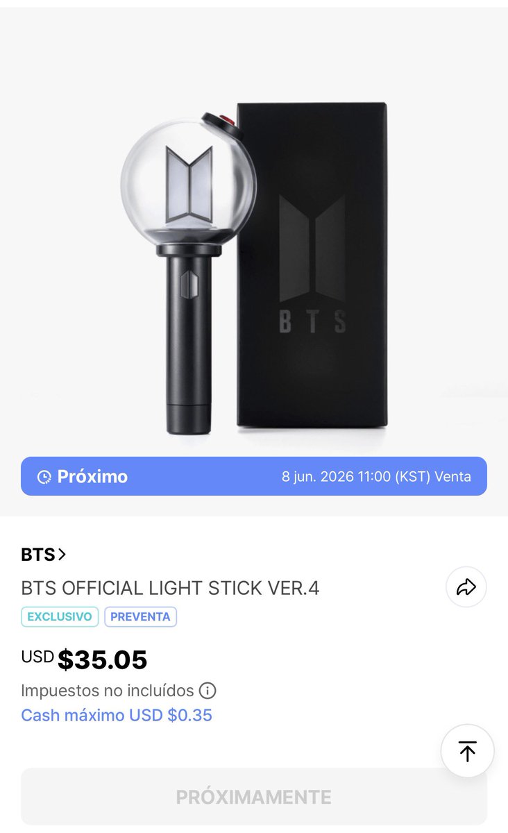 btsarmycol_'s tweet photo. 🚨 Nueva preventa del BTS OFFICIAL LIGHT STICK VER.4 en Weverse Shop

💜 Weverse Shop anunció una nueva ronda de preventa para el BTS OFFICIAL LIGHT STICK VER.4 y sus accesorios.

📅 Inicio de la preventa
🕚 8 de junio de 2026, 11:00 a. m. (KST)
🇨🇴 Domingo 7 de junio, 9:00 p. m. (hora Colombia)

📦 Inicio de envíos
🗓️ Desde el 9 de junio de 2026 (KST)
🇨🇴 Lunes 8 de junio (hora Colombia)

🛍️ Productos disponibles:
• BTS OFFICIAL LIGHT STICK VER.4
• BTS OFFICIAL LIGHT STICK VER.4 CRADLE
• BTS OFFICIAL LIGHT STICK VER.4 PARTS (BTS ver.)
• BTS OFFICIAL LIGHT STICK VER.4 PARTS (ARMY ver.)

📌 Límite de compra:
• Light Stick VER.4: 1 por cuenta.
• Cradle: 1 por cuenta.
• Parts (BTS ver. / ARMY ver.): hasta 3 por cuenta.

⚠️ Los productos estarán disponibles en cantidades limitadas y podrían agotarse rápidamente.

🌎 Disponible para envíos internacionales a través de Weverse Global.

#BTS #ARMY #BTSOfficialLightStick #ARMYBomb